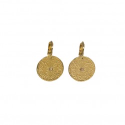 Boucles d'oreilles pendantes dorées - Médailles pointées fleurs & Zircons signées IDEM BIJOUX