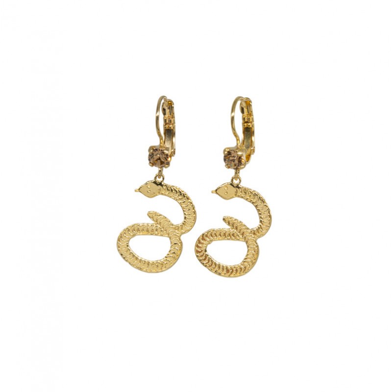 Boucles d'oreilles pendantes dorées - Dormeuses quartz fumé & Serpents signées JORGINA
