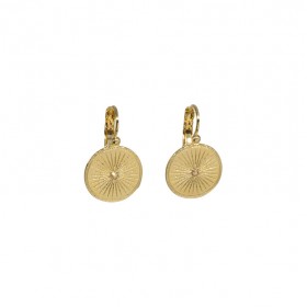 Boucles d'oreilles pendantes Or - Médailles texturées soleil & Zircons - IDEM
