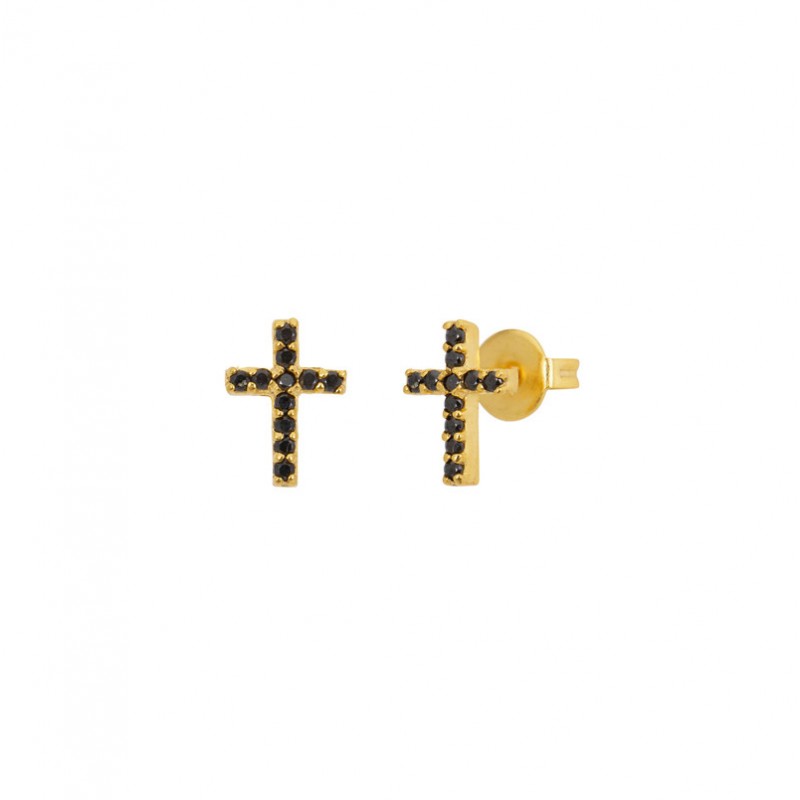 Boucles d'oreilles puces TATOO Or - Croix zircons noirs - Une à Une Boucles d'oreilles puces TATOO Or - Croix zircons noirs - Une à Une
