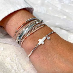 Bracelet fin élastique Tubes Perles Argent - Croix Nacre & Zircon TAILLE M