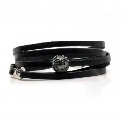 Bracelet Homme multi tours Argent - Cuir lisse choco & Perle de Tahiti de IKOBA