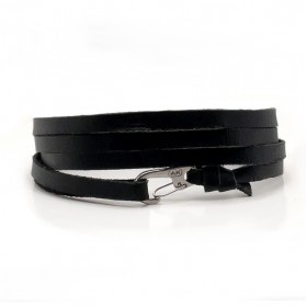 Bracelet mixte multi tours - Cuir lisse noir & mousqueton acier IKOBA