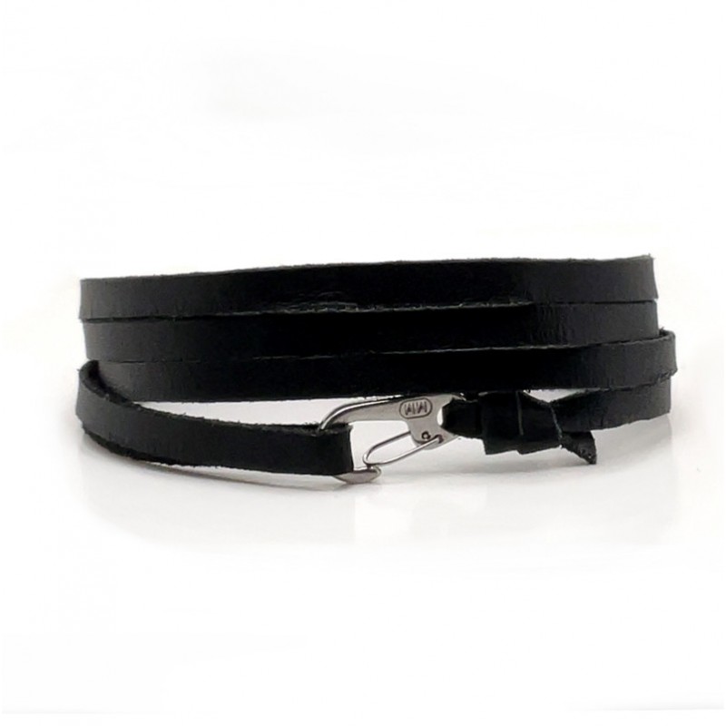 Bracelet mixte multi tours - Cuir lisse noir & mousqueton acier IKOBA Bracelet mixte multi tours - Cuir lisse noir & mousqueton acier IKOBA
