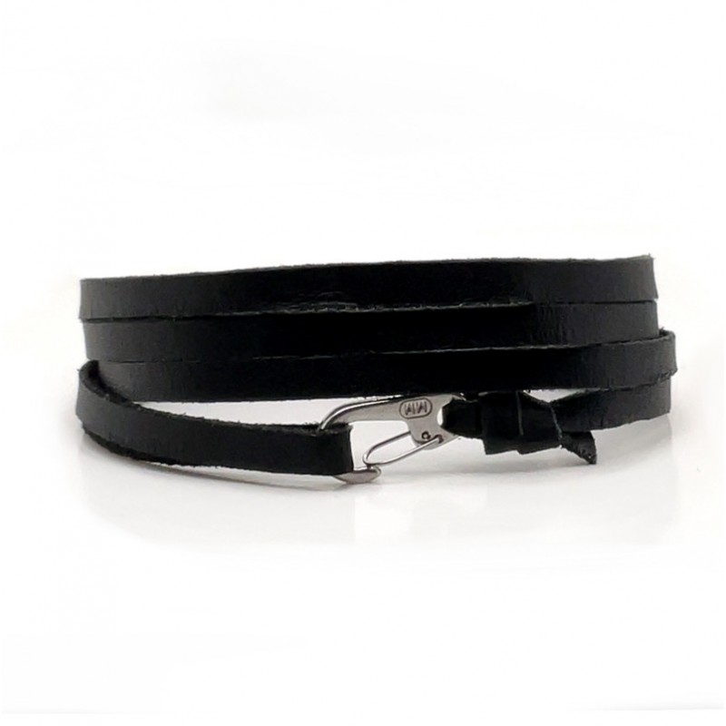 Bracelet mixte multi tours - Cuir lisse noir & mousqueton acier IKOBA