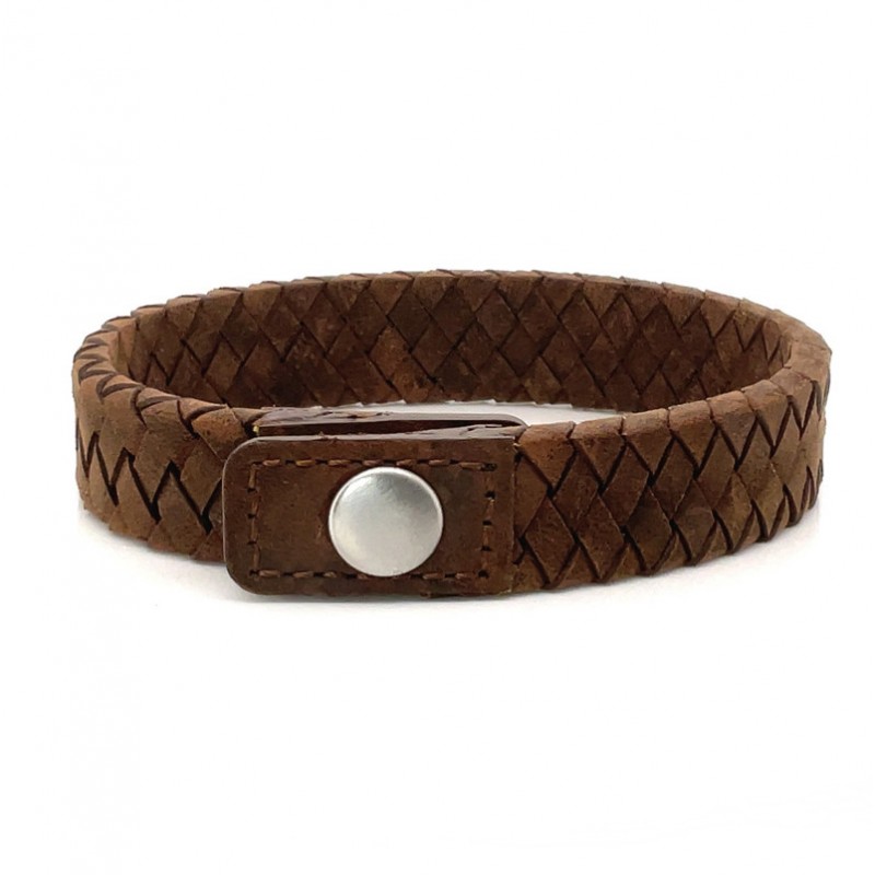 Bracelet Homme Large Argent - Jonc cuir tressé marron & Pression de IKOBA Bracelet Homme Large Argent - Jonc cuir tressé marron & Pression de IKOBA
