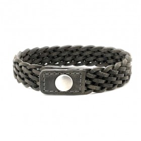 Bracelet Homme Large Argent - Jonc cuir tressé gris & Pression de IKOBA