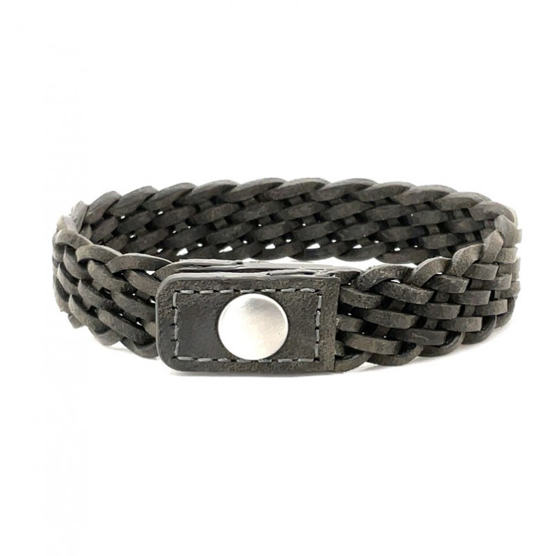 Bracelet Homme Large Argent - Jonc cuir tressé gris & Pression de IKOBA Bracelet Homme Large Argent - Jonc cuir tressé gris & Pression de IKOBA