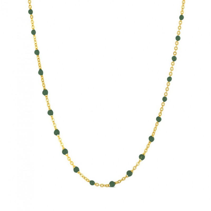 Collier court chaîne fine plaqué or & Perles de résine verte Bijoux Théma Collier court chaîne fine plaqué or & Perles de résine verte Bijoux Théma