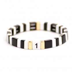 Bracelet élastiqué ONE doré & Barrettes émaillées blanc noir de Simone de Bordeaux