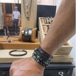 Bracelet Jonc Homme - Cuir tressé noir vieilli & fermoir Pression TAILLE Taille 1
