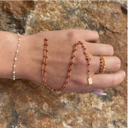 Bague chaîne fine plaqué RED or & Perles de résine rouge TAILLE 58
