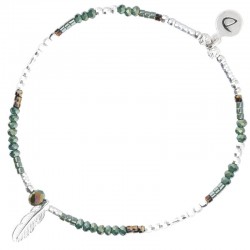 Bracelet élastique argent TRIPOLI Plume - Perles & Miyuki vert léopard signé DORIANE Bijoux