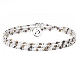 Bracelet élastique multitours GRAIN DE FOLIE argent - Perles & Miyuki blanc léopard signé DORIANE Bijoux