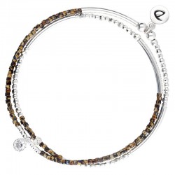 Bracelet élastique DOUBLE TOURS argent - Tubes perles léopard & Zircon blanc signé DORIANE Bijoux