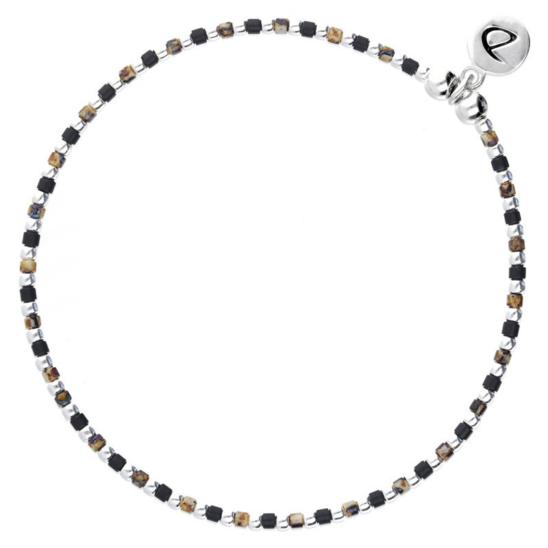Bracelet élastique GRAIN DE FOLIE - Perles argent & Miyuki noir léopard