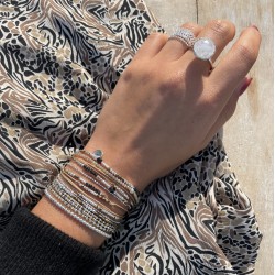 Bracelet fin élastique BRIGHT argent - Perles marron & Miyuki léopard TAILLE M