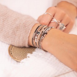 Bracelet élastique GRAIN DE FOLIE - Perles argent & Miyuki noir léopard TAILLE M