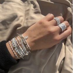 Bracelet élastique GRAIN DE FOLIE - Perles argent & Miyuki blanc léopard TAILLE M