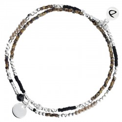 Bracelet élastiqué multi-tours SPRING Argent - Perles noir léopard & Pastille signé DORIANE Bijoux
