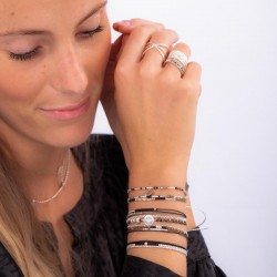 Bracelet fin élastique BRIGHT argent - Perles noir & Marron léopard TAILLE M