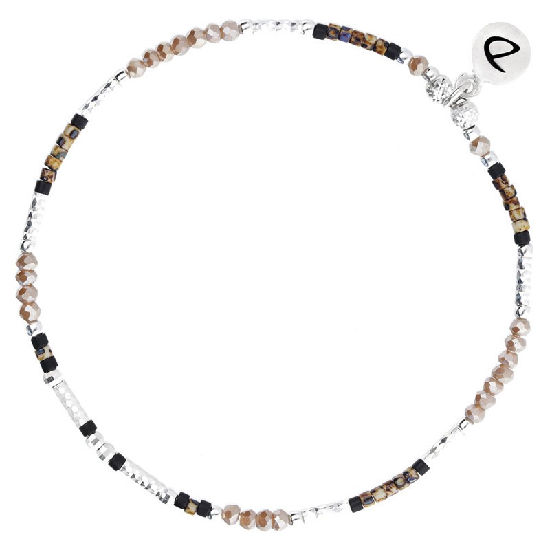 Bracelet fin élastique BRIGHT argent - Perles noir & Marron léopard signé DORIANE Bijoux
