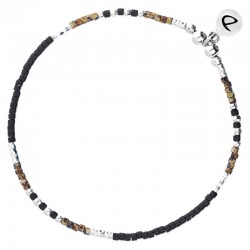Bracelet fin élastique FLUFFY - Perles argent & Miyuki noir léopard DORIANE