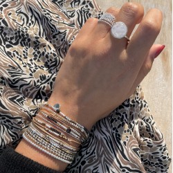Bracelet élastique GRAIN DE FOLIE - Perles argent & Miyuki gris léopard TAILLE M