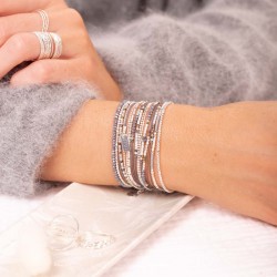 Bracelet élastique GRAIN DE FOLIE - Perles argent & Miyuki gris léopard TAILLE M