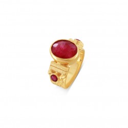 Bague large Lou plaqué or - Anneau ciselé & Sillimanite rouge signée Théma