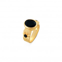 Bague LOU ONYX NOIR - Anneau ciselé plaqué or THEMA CAPSULE