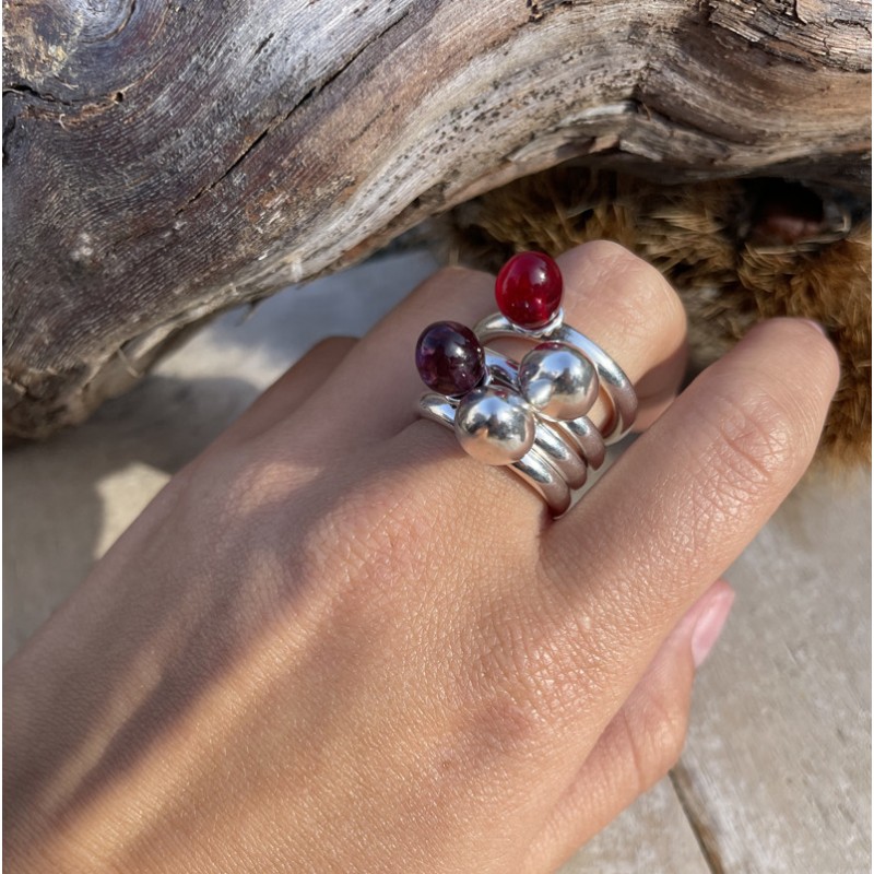 Bague large AZAHARA argent - Quatre anneaux & Gouttes bordeaux CICLON Bague large AZAHARA argent - Quatre anneaux & Gouttes bordeaux CICLON