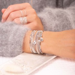 Bracelet fin élastique FLUFFY - Perles argent & Miyuki gris léopard TAILLE S
