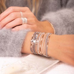 Bracelet fin élastique FLUFFY - Perles argent & Miyuki gris léopard TAILLE S