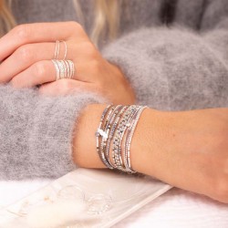 Bracelet fin élastique BRIGHT argent - Perles Gris Léopard TAILLE M