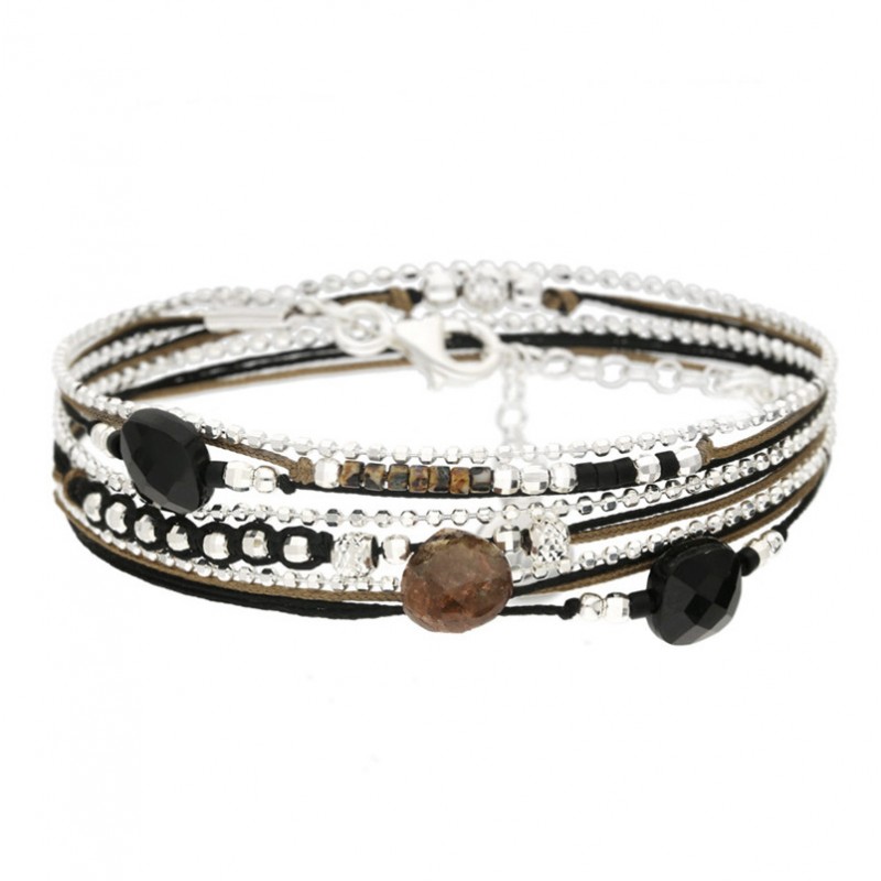Bracelet multitours VIRTUOSE argent noir marron - Onyx & Andocrosite - DORIANE BIJOUX