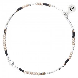 Bracelet fin élastiqué MYKONOS argent - Perles & Miyuki noir léopard DORIANE