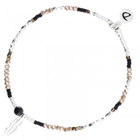 Bracelet élastique argent TRIPOLI Plume - Perles & Miyuki noir marron léopard DORIANE