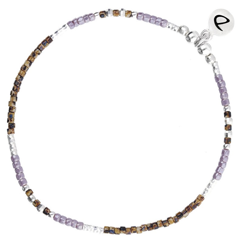 Bracelet fin élastiqué JAVA argent, Perles en Miyuki blanc gris violet  TAILLE M
