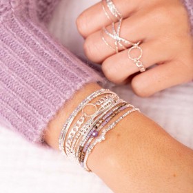 Bracelet fin élastiqué JAVA argent, Perles en Miyuki blanc gris violet  TAILLE M