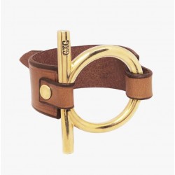 Bracelet Manchette Or - Lanière cuir Camel & Mors équins signé CXC