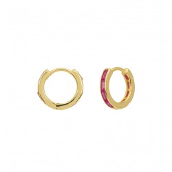 Boucles d'oreilles créoles doré & Décor cristal baguette fuchsia signées Une à Une