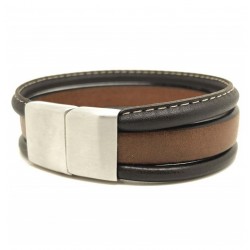 Bracelet jonc Homme - Multi-rangs cuir gold marron surpiqué -  Loop & Co