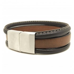 Bracelet jonc Homme - Multi-rangs cuir gold marron surpiqué -  Loop & Co