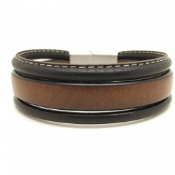 Bracelet jonc Homme - Multi-rangs cuir gold marron surpiqué - Loop & Co