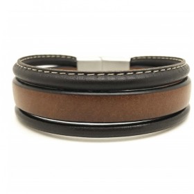 Bracelet jonc Homme - Multi-rangs cuir gold marron surpiqué - Loop & Co