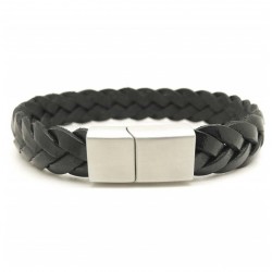 Bracelet jonc large homme - Cuir tressé plat noir & boucle métal - Loop & Co