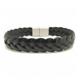 Bracelet jonc large homme - Cuir tressé plat noir - Loop & Co