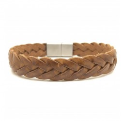 Bracelet jonc large homme - Cuir tressé plat camel - Loop & Co