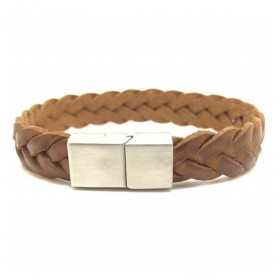 Bracelet jonc large homme - Cuir tressé plat camel - Loop & Co